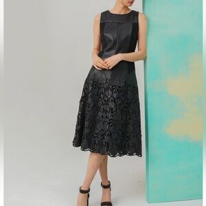 $1,195 Per Se CARLISLE AUDRAN Black Vegan Leather Fit& Flare Laser Cut Dress 2/4